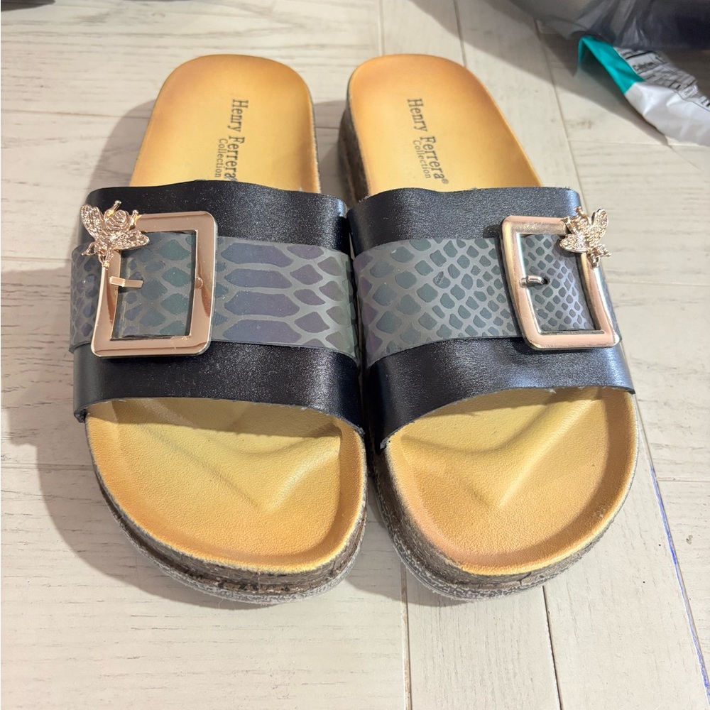 Henry Ferrera Black and Gold Mules with Snake Pattern